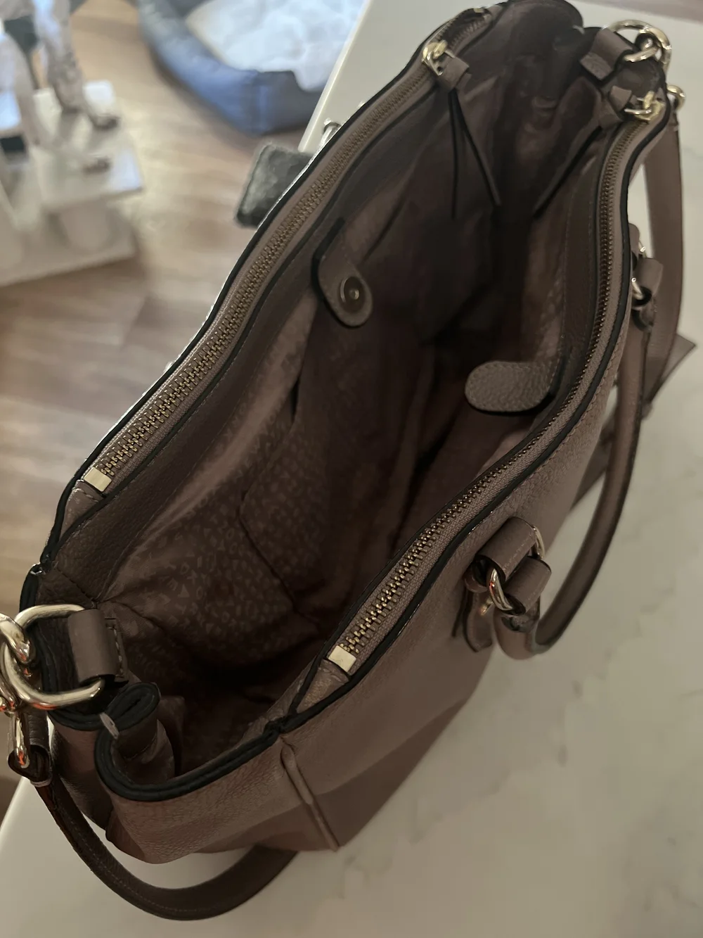 Kate Spade Taupe Leather Satchel Handbag With Crossbody Strap